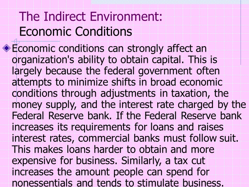 The Indirect Environment: Economic Conditions   Economic conditions can strongly affect an organization's